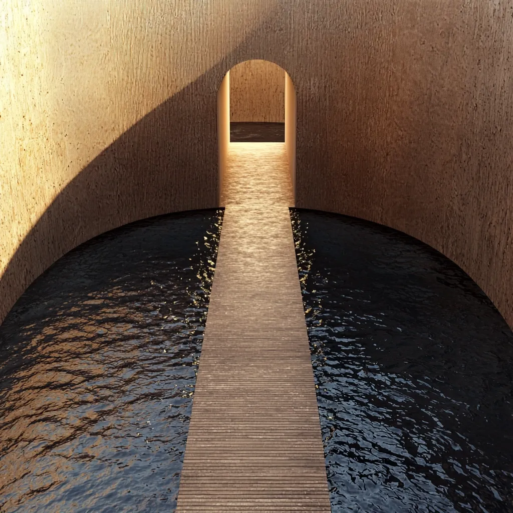 A serene, architectural rendering depicts a wooden walkway extending from a circular pool of dark water towards an arched doorway. The pathway is bathed in warm, golden light. The surrounding walls are textured, light brown, creating a calming and contemplative atmosphere. The scene suggests a journey toward a tranquil destination, perhaps spiritual or metaphorical.