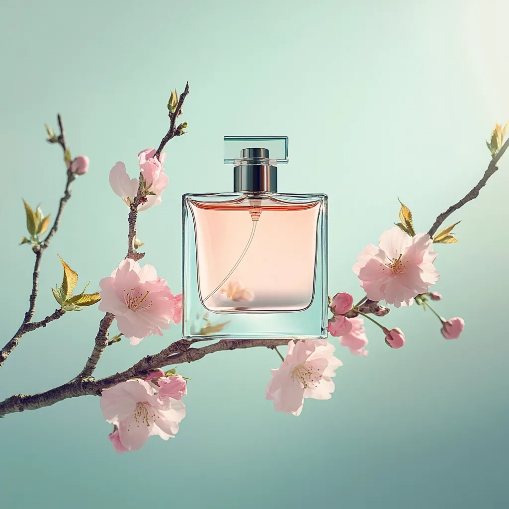A square bottle of light pink perfume rests on a delicate branch of blossoming cherry blossoms against a soft, teal background.  The image evokes a sense of springtime freshness and femininity.  The perfume's clear glass allows the liquid to be seen, while the flowers add a touch of natural beauty. The overall aesthetic is serene and elegant.