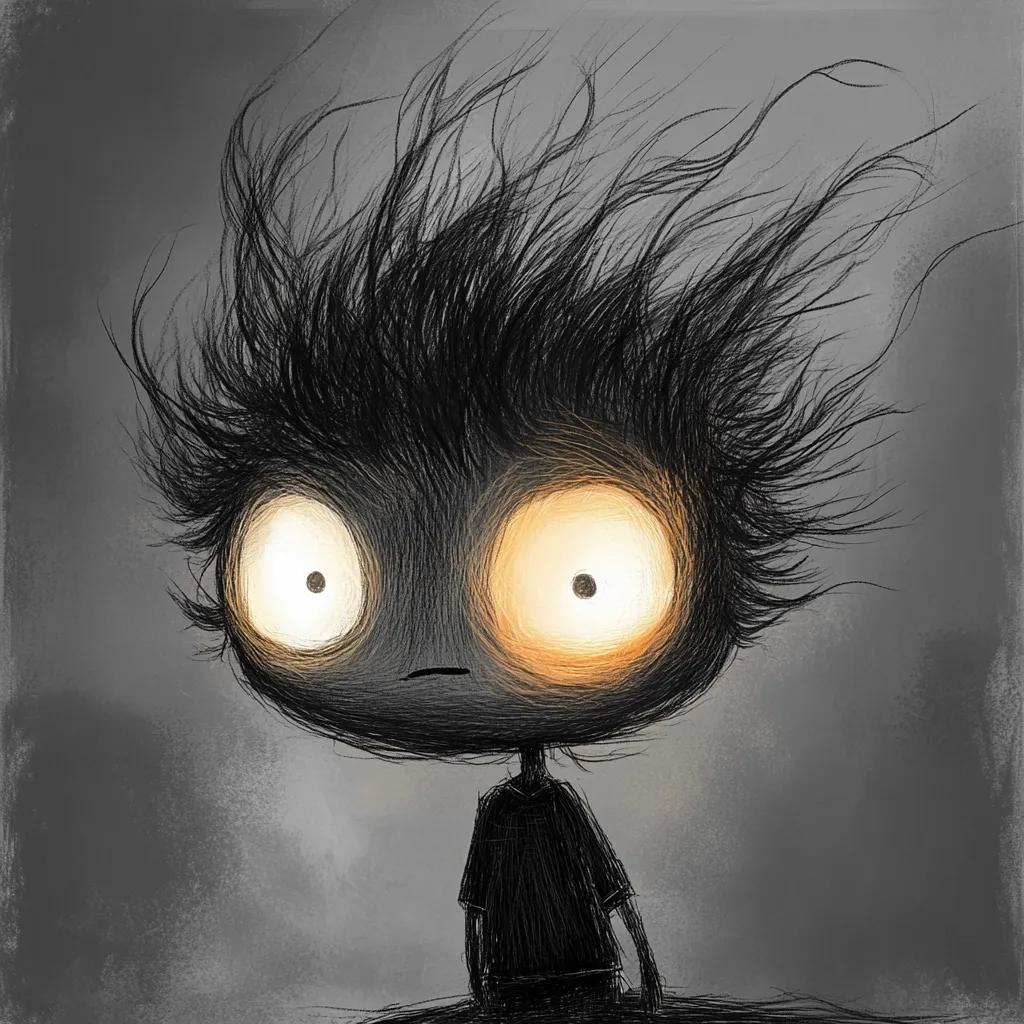 A whimsical illustration depicts a dark, furry creature with large, glowing eyes. Its wild, spiky hair contrasts with its simple, dark clothing. The creature's expression is one of apprehension or anxiety, adding to its slightly unsettling yet charming character.  The dark grayscale palette and textured background enhance the overall mood.