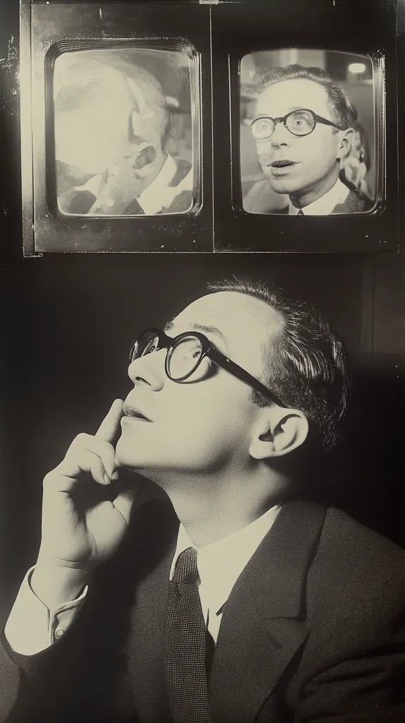 A black and white portrait of a man in a suit and glasses, his hand resting on his chin, looking upward. Above him, two television screens display blurred images; one shows a partially obscured face, the other a clear image of a man with glasses, mirroring the subject’s appearance. The photograph evokes a sense of contemplation and the early days of television. The contrast between the sharp focus of the subject and the blurred images on the screens adds visual interest.