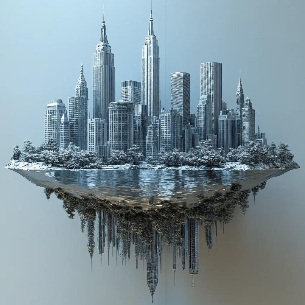 A digital rendering depicts a miniature, stylized cityscape, resembling New York City, situated on a floating island.  The island is surrounded by calm water, and its reflection is mirrored perfectly below.  The buildings are monochromatic, giving a wireframe-like appearance, with surrounding greenery suggesting a park-like setting. The overall impression is surreal and artistic.