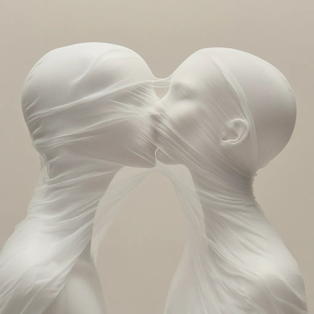 Two white mannequins, seemingly in an embrace, are shrouded in a delicate, sheer white fabric.  The fabric drapes and flows around them, obscuring their features yet suggesting a tender moment. The minimalist composition and muted tones create a serene, almost ethereal atmosphere, emphasizing the intimacy of the scene. The image is a study in form, texture, and implied emotion.