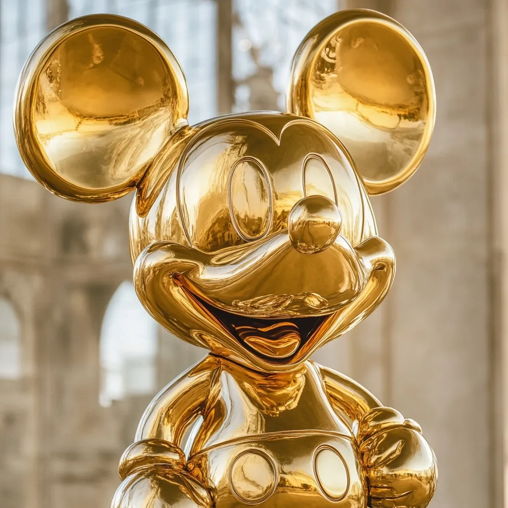 A close-up shot reveals a gleaming gold Mickey Mouse statue.  Its polished surface reflects the blurred background, hinting at an ornate architectural setting.  The statue is highly detailed, capturing Mickey's characteristic features with a smooth, reflective finish. The bright gold color creates a luxurious and eye-catching effect.