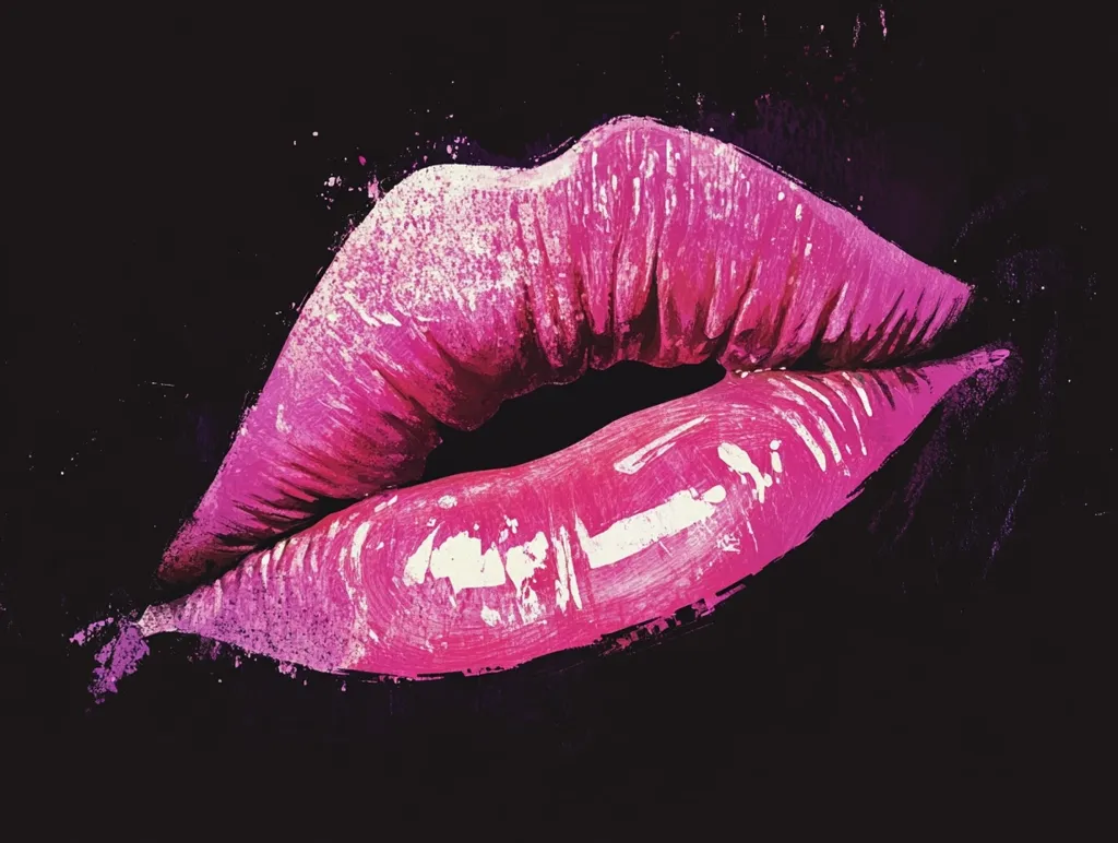A vibrant, stylized painting of a pair of full, pink lips against a dark background.  The artwork utilizes bold brushstrokes and a splash of white highlights, creating a textured and expressive effect. The deep pink color is saturated, adding to the overall sensual and dramatic feel. The image is evocative and visually striking.