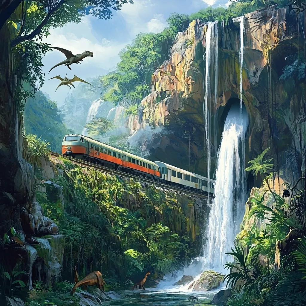 A passenger train travels along a lush, jungle-covered mountainside.  A magnificent waterfall cascades from a cave in the cliff face, creating a stunning backdrop.  Two pterosaurs soar through the air, while smaller dinosaurs are visible near the water's edge below. The scene is vibrant, depicting a fantastical blend of nature and transportation.