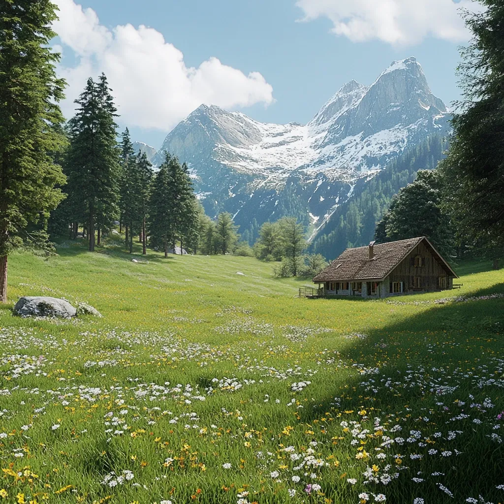 A rustic wooden cabin sits nestled in a vibrant alpine meadow, wildflowers blooming across the verdant landscape.  Towering snow-capped mountains form a dramatic backdrop, their peaks piercing a clear blue sky.  Tall evergreen trees line the hillside, creating a serene and idyllic scene.  The overall atmosphere is one of peaceful solitude and natural beauty.