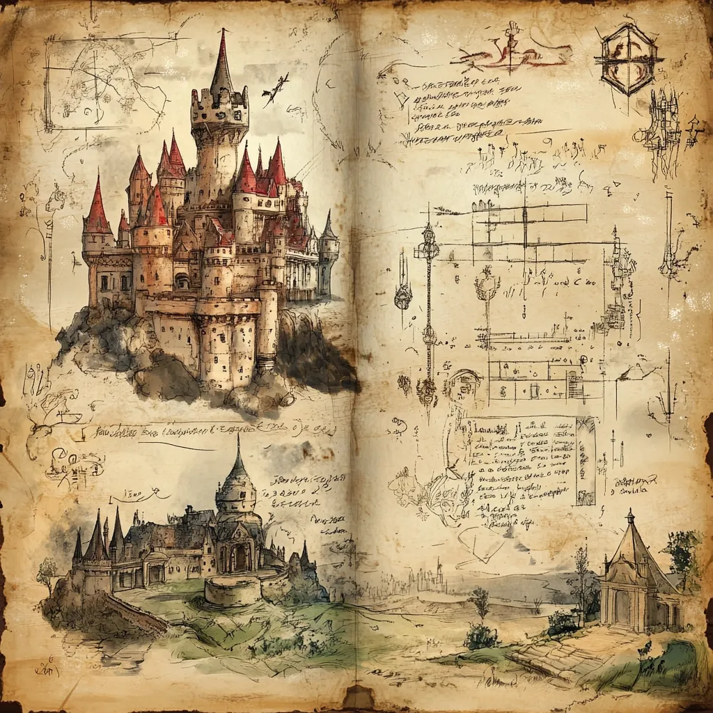 A double-page spread depicts architectural sketches and designs of a majestic castle.  The left page features detailed drawings of the castle from different angles, including a large, central structure and a smaller, outlying building.  The right page showcases blueprints, notes, and diagrams, seemingly detailing the castle's construction and mechanics.  The aged parchment and stylized script evoke a sense of antiquity and mystery.