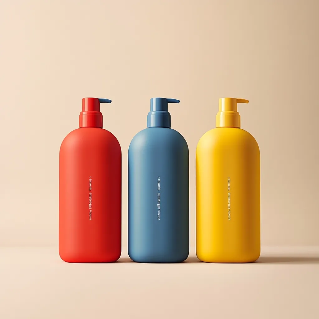 Three pump bottles of shampoo or body wash stand in a row against a neutral background.  The bottles are vibrant red, blue, and yellow, showcasing a minimalist design with subtle branding.  The color contrast creates a visually appealing arrangement, suggesting a range of product options.  The simple, sleek design emphasizes the product itself.