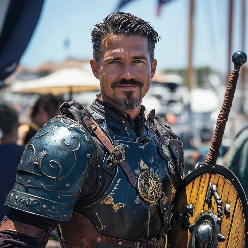 A man with a well-groomed goatee and dark hair, dressed in intricately detailed medieval-style armor, stands confidently.  His dark teal and gold plated breastplate and pauldrons are adorned with ornate designs. He holds a wooden shield with a metal boss, and a portion of a long weapon is visible. The background suggests a nautical setting, perhaps a historical reenactment or festival.  He gazes directly at the camera with a subtle smile.