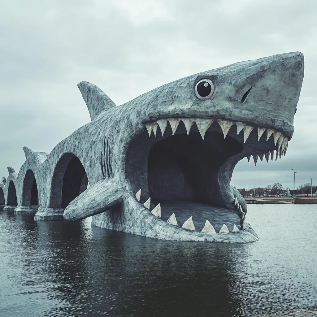 A colossal, gray concrete shark sculpture dominates a calm body of water. Its massive, gaping maw forms a bridge-like structure with multiple arches.  The realistic detailing of the shark's teeth and eyes, combined with the somber sky, creates a striking, almost surreal image. The sculpture's size is emphasized by the relatively small buildings visible in the background.
