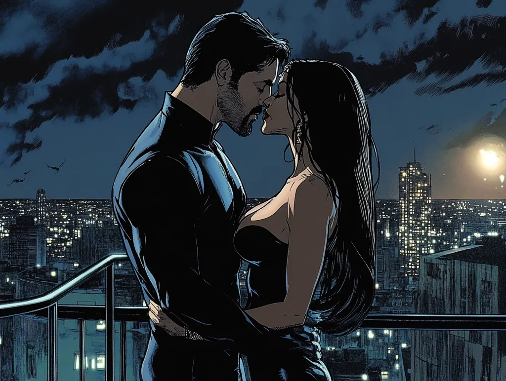 A romantic illustration depicts a man and woman sharing a tender kiss on a rooftop overlooking a glittering cityscape at night. The man, in a dark suit, embraces the woman, who wears a dark dress, her long, dark hair cascading down her back.  The city lights twinkle beneath a dark, cloudy sky, creating a dramatic and intimate atmosphere. The artwork suggests a moment of passionate connection between the two figures.