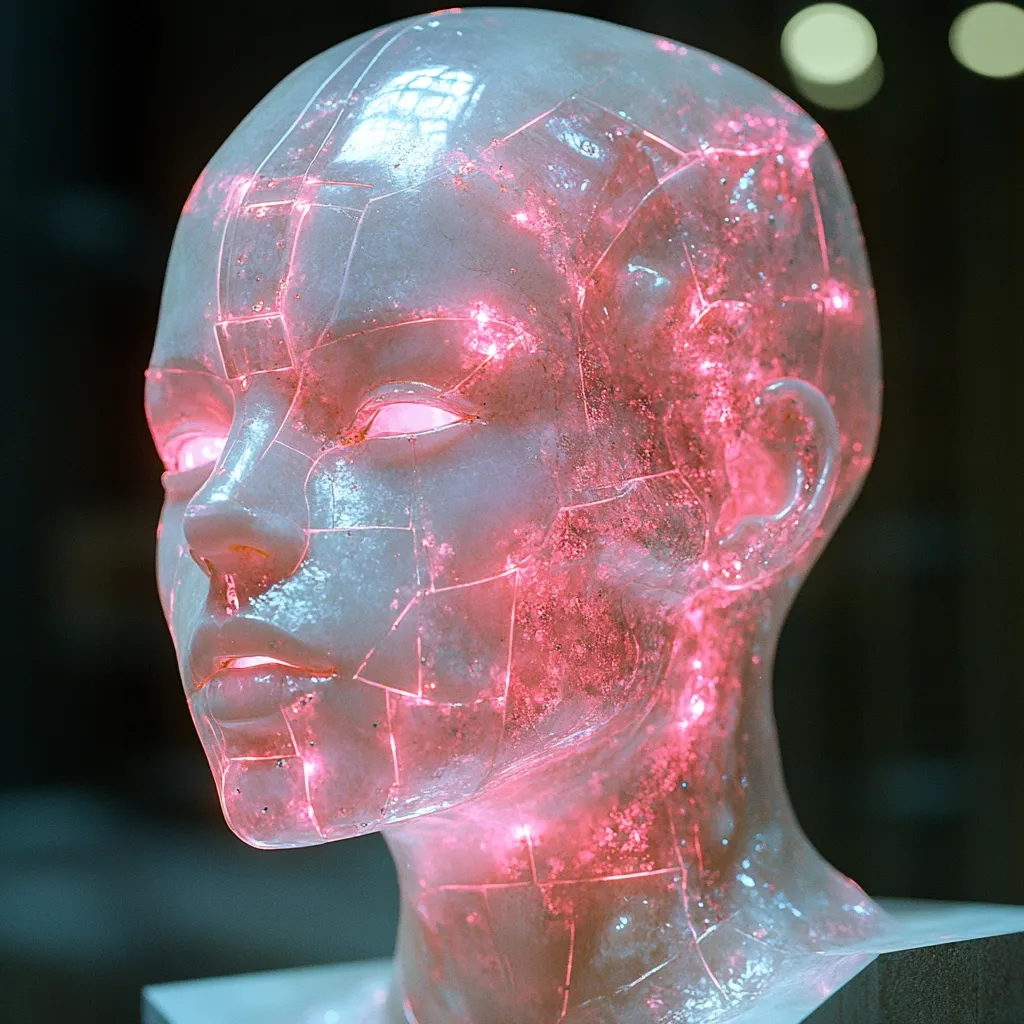 A translucent, sculpted head, seemingly made of glass or resin, is illuminated from within by a network of pink lines resembling circuitry or veins.  The head is angled to the viewer's left, and features are subtly defined, giving it a futuristic, almost robotic appearance. The piece creates a striking contrast between the delicate features and the technological undertones.