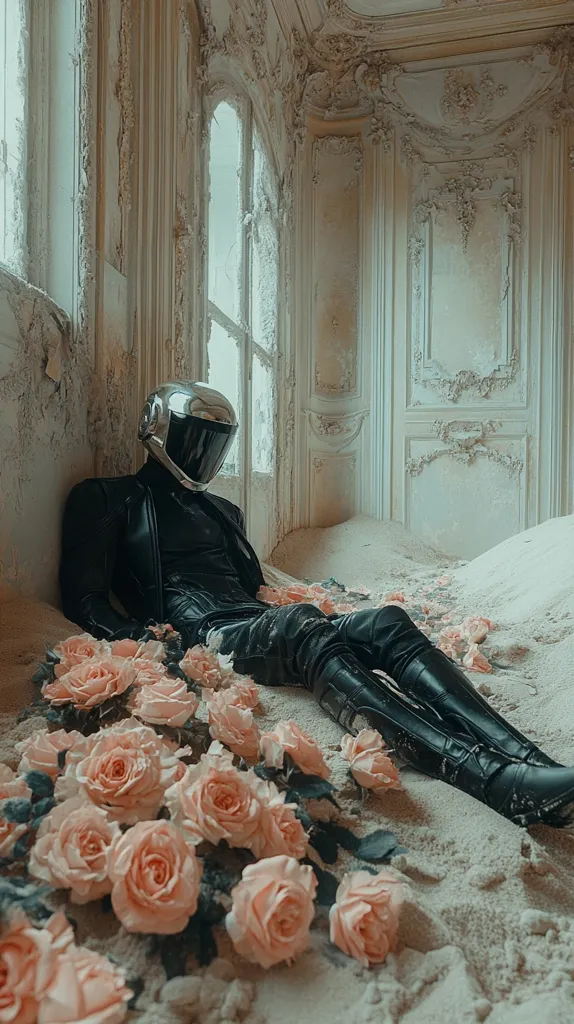 A figure in a chrome helmet and black leather outfit reclines amidst a scattering of peach roses in a dilapidated, ornate room.  Sand covers the floor, contrasting with the decaying grandeur of the building's architecture, featuring detailed plasterwork and large windows. The scene evokes a surreal and melancholic atmosphere.