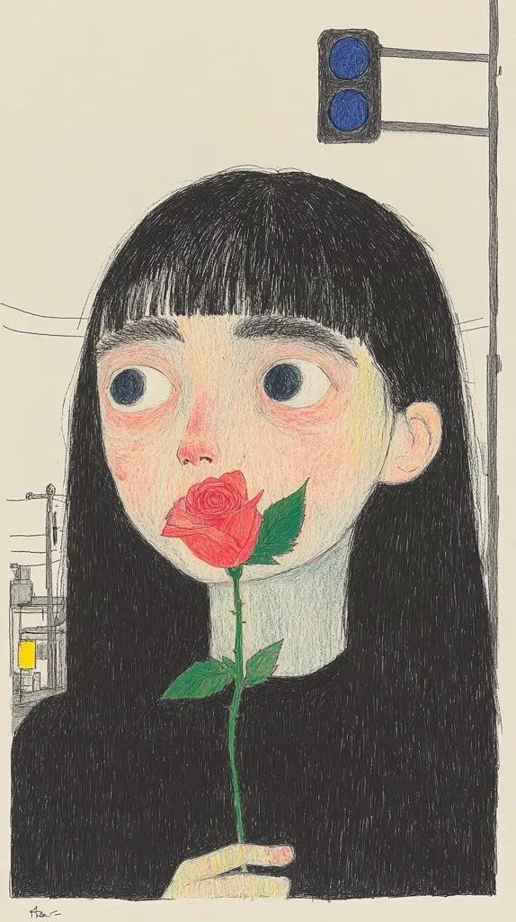 A stylized illustration depicts a young woman with long black hair, large eyes, and a slightly surprised expression.  She holds a single red rose delicately near her mouth. The background features a simple city scene with a traffic light, suggesting an urban setting. The style is reminiscent of children's book illustrations, with bold lines and muted colors.  The overall mood is pensive and slightly melancholic.