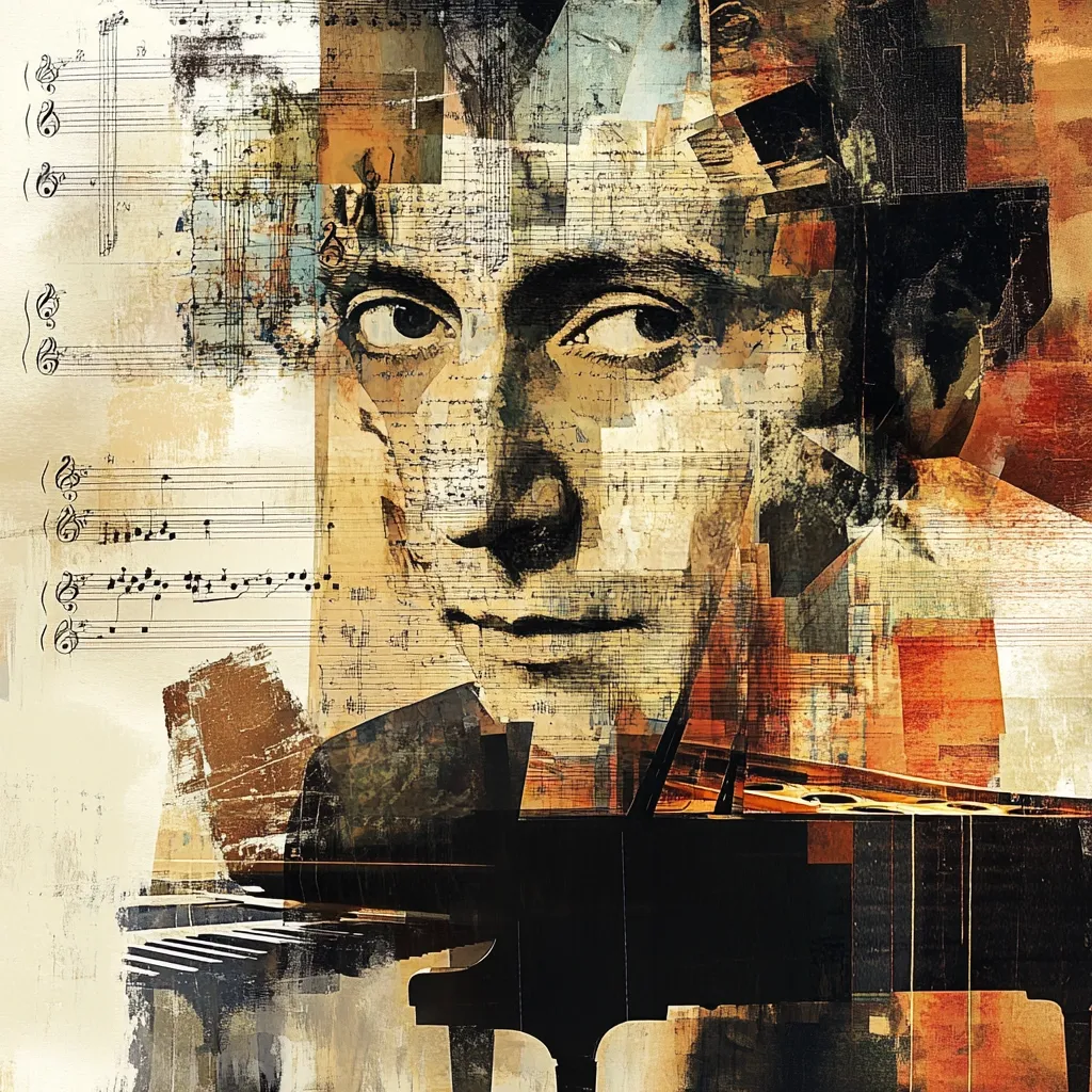 A stylized portrait blends a man's face with musical notations and a grand piano.  The image is composed of layered textures and fragmented shapes, creating an abstract and expressive representation.  Warm earthy tones dominate, with hints of cool grays and blacks. The overall effect evokes a feeling of musicality and artistic expression.  The style is reminiscent of collage and mixed media art.