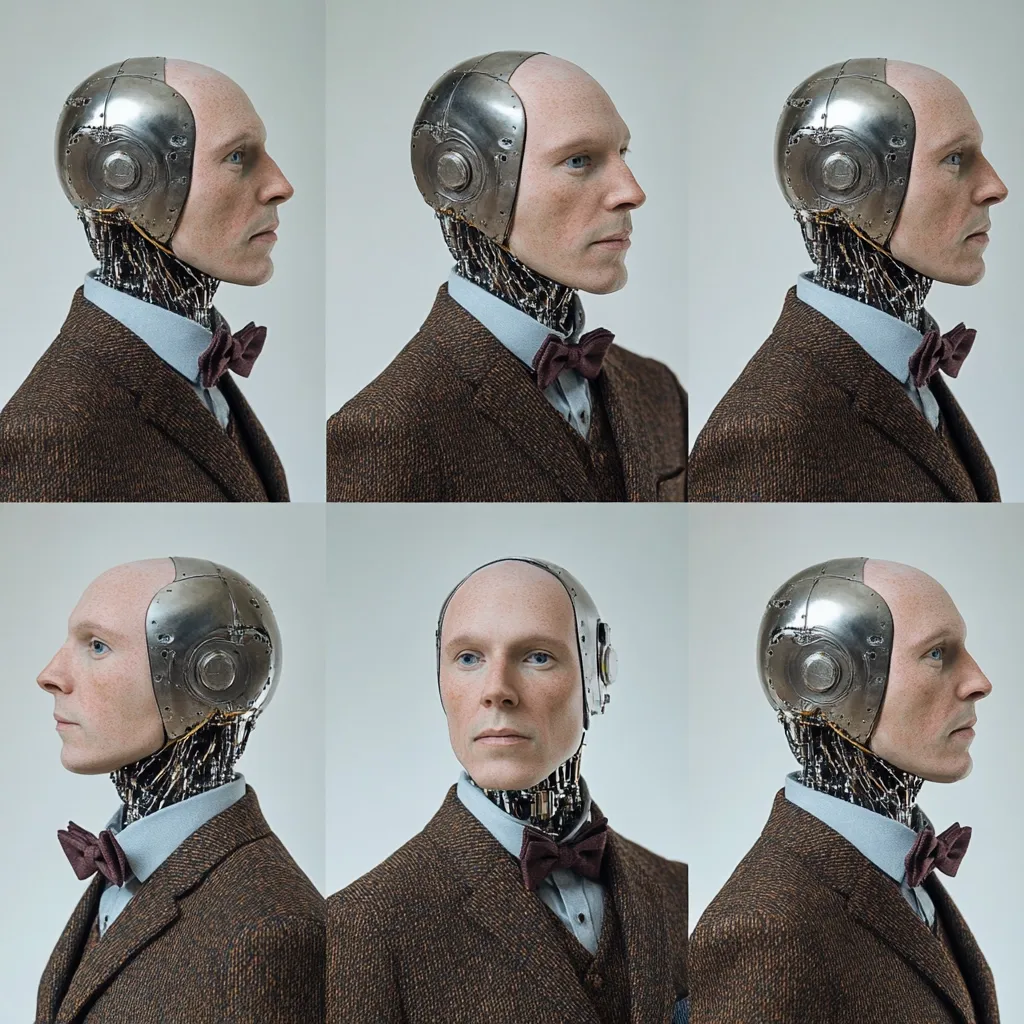 A six-image collage showcases a bald, fair-skinned man with a metallic headpiece and exposed robotic neck.  He wears a brown tweed suit and a dark burgundy bow tie. Each image presents a slightly different angle of his head and shoulders against a neutral background, highlighting the intricate details of his robotic features.  The overall impression is one of a sophisticated yet unsettling blend of human and machine.