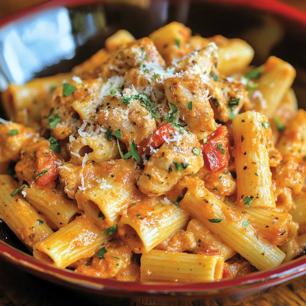 A close-up shot reveals a bowl brimming with penne pasta in a creamy, reddish-orange sauce.  Chunks of seasoned chicken are generously distributed throughout the pasta, which is further enhanced with a sprinkle of grated parmesan cheese and fresh parsley.  The pasta appears cooked perfectly, with a delightful texture suggested by the image. The bowl is dark brown, providing a rich contrast to the vibrant pasta dish.