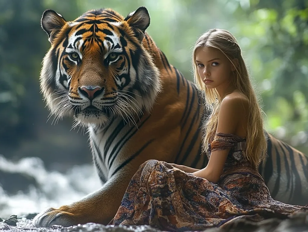 A young woman with long blonde hair, wearing a flowing bohemian dress, sits calmly beside a large tiger in a lush green forest. The tiger, with its striking orange and black stripes, is in focus, its gaze directed towards the viewer. The scene evokes a sense of serenity and a connection between the human and the wild.  The background is blurred, drawing attention to the central figures.