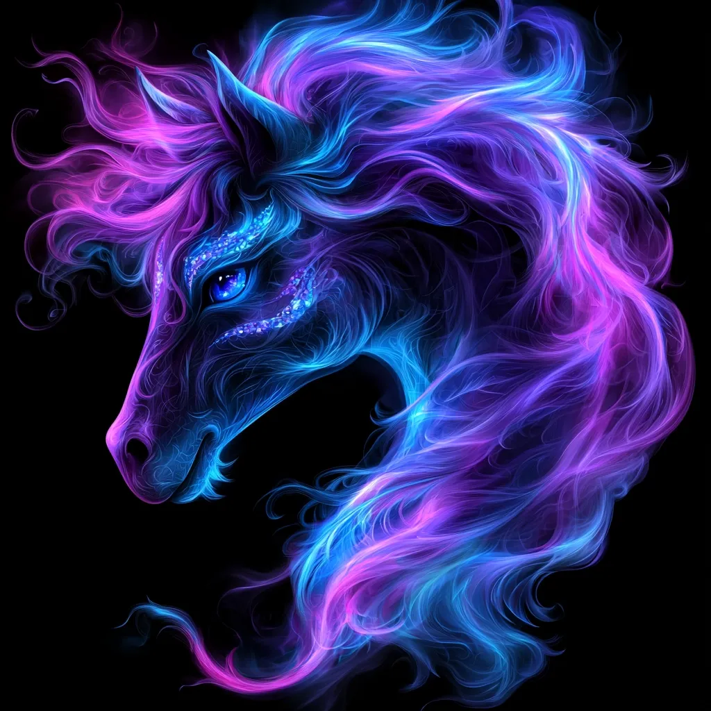 A vibrant digital artwork depicts a horse's head and neck, rendered in swirling shades of electric blue and pink, resembling flames or smoke.  The mane and body are intricately detailed, with the horse's eye glowing a bright blue, accented by sparkling glitter.  The image is set against a stark black background, enhancing the ethereal quality of the glowing horse.