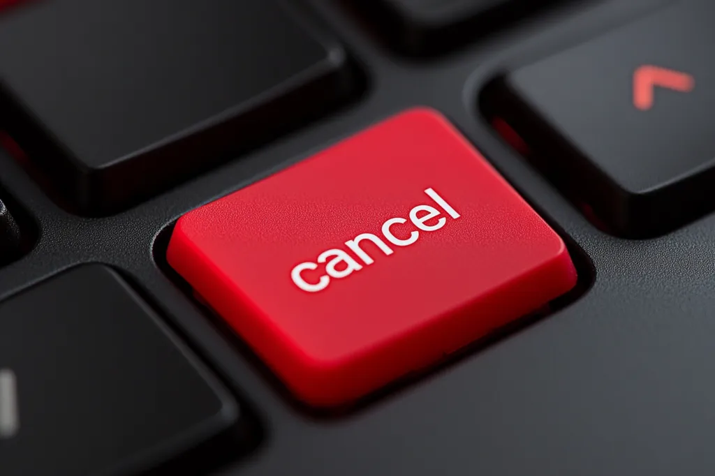 A close-up shot focuses on a bright red key on a black keyboard.  The word "cancel" is prominently displayed in white lettering on the red button. The surrounding keys are black, creating a stark contrast with the red "cancel" button. The image emphasizes the button's importance and its potential for stopping or ending a process.