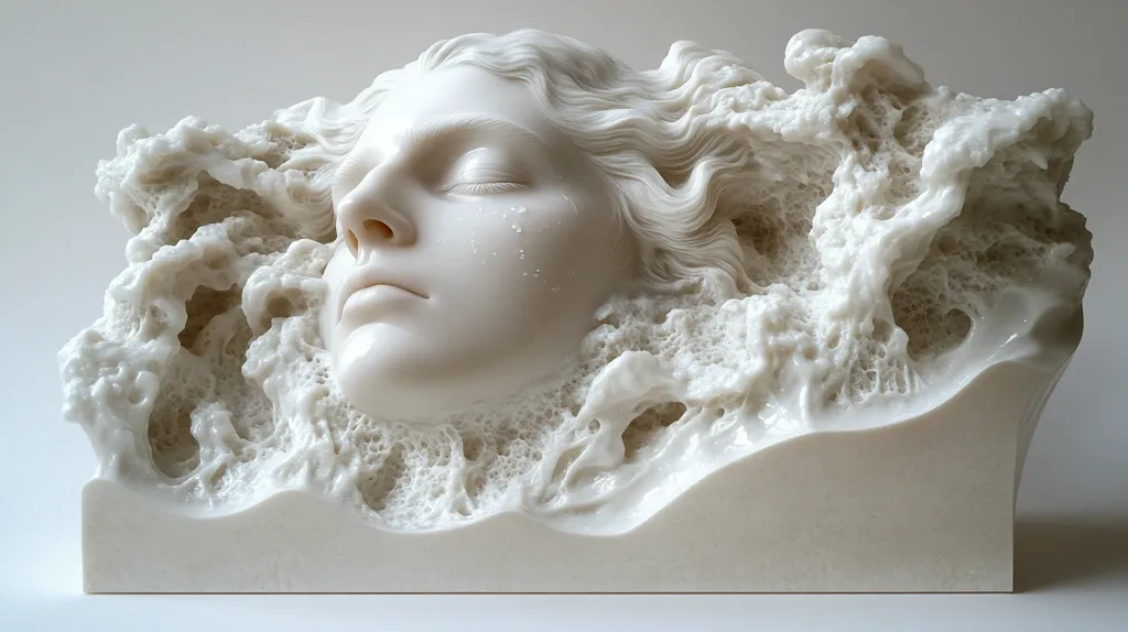 A serene white marble sculpture depicts a woman's face partially submerged in a wave-like form.  Her eyes are closed, and her expression is peaceful. The textured surface of the sculpture evokes a sense of fluidity and movement, contrasting the smooth features of the face.  The overall effect is one of ethereal beauty and tranquility.