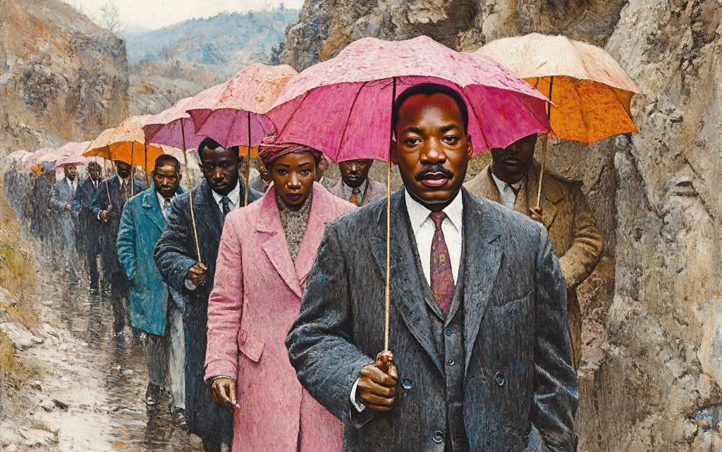 A painting depicts Martin Luther King Jr. leading a procession of people under colorful umbrellas on a rain-soaked path between rocky walls.  King, centrally positioned, is sharply dressed in a gray suit.  The individuals behind him, mostly men, wear coats and suits, reflecting a somber yet determined mood.  The vibrant umbrellas contrast with the muted earth tones of the surroundings, creating a powerful visual narrative of unity and perseverance.