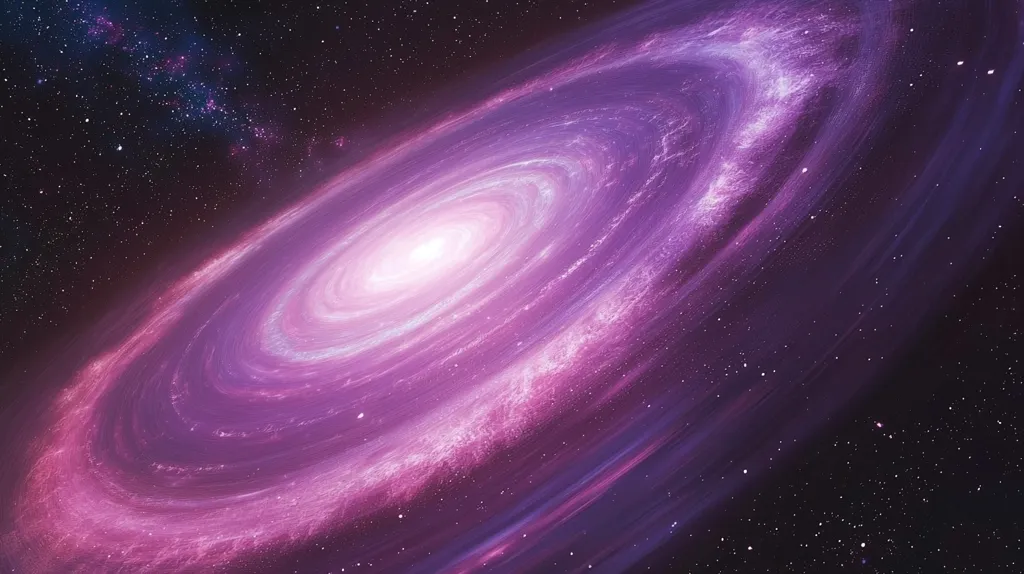 A breathtaking view of a spiral galaxy dominates the image.  Dominated by shades of purple and pink, the galaxy's swirling arms radiate from a bright, central core.  Scattered stars and a hint of a nebula add depth to the cosmic scene, creating a vibrant and awe-inspiring display of celestial beauty. The overall effect is one of immense scale and otherworldly wonder.