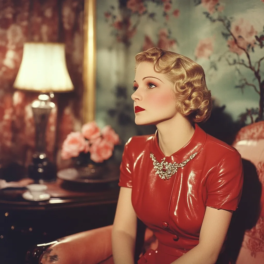 A glamorous woman with a 1930s hairstyle sits in a plush chair, wearing a vibrant red, possibly leather, dress.  Her makeup is impeccable, and she sports a striking rhinestone necklace. The background features a dimly lit room with Art Deco-style furniture and wallpaper, creating a sophisticated and alluring atmosphere.  She gazes pensively to her left.