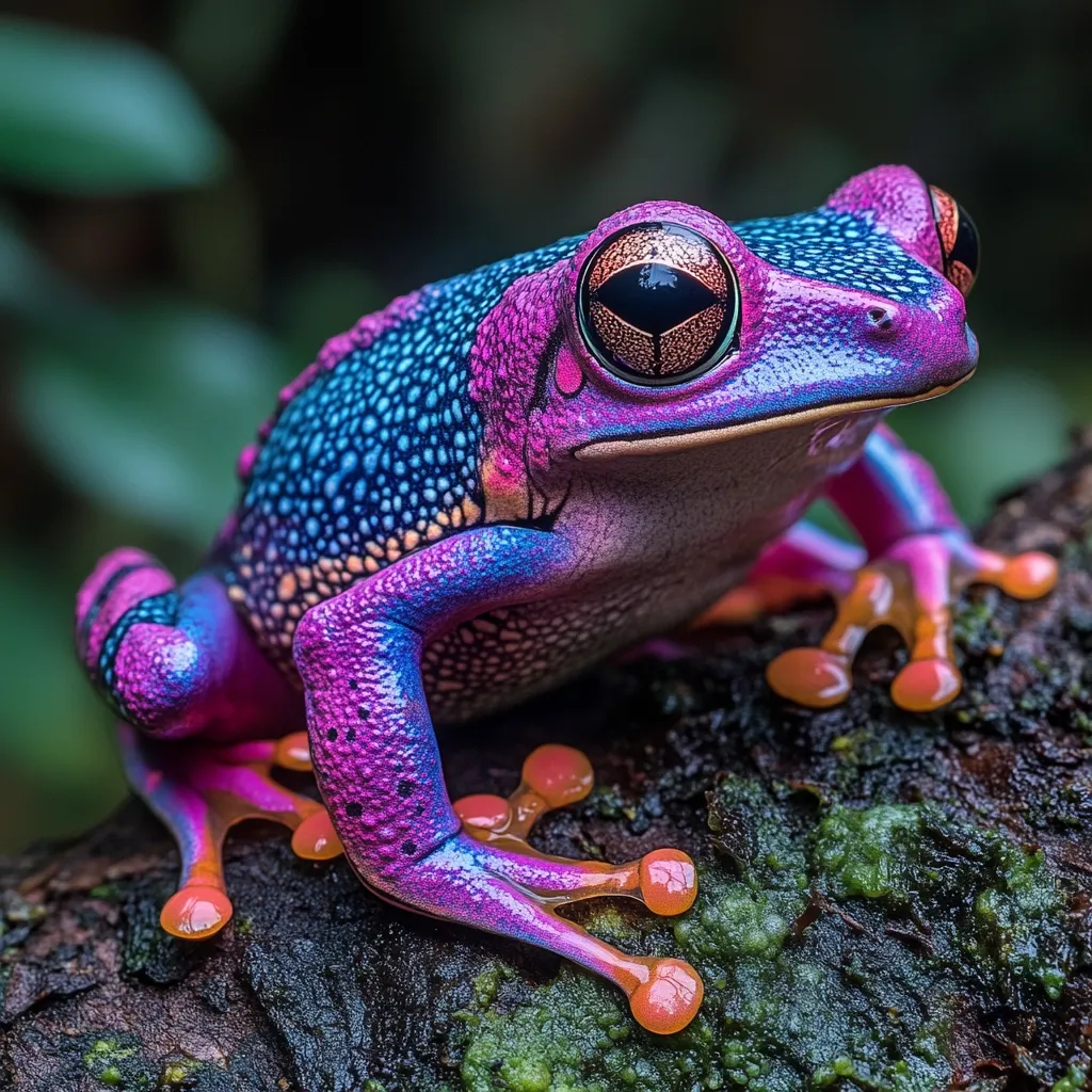 A vibrant, multicolored frog sits on a mossy log.  Its skin shimmers with shades of purple, blue, and teal, speckled with darker dots.  The frog's large, golden-brown eyes stand out against its colorful body.  Its orange-tipped toes grip the damp wood, showcasing its striking beauty against the dark, verdant background.
