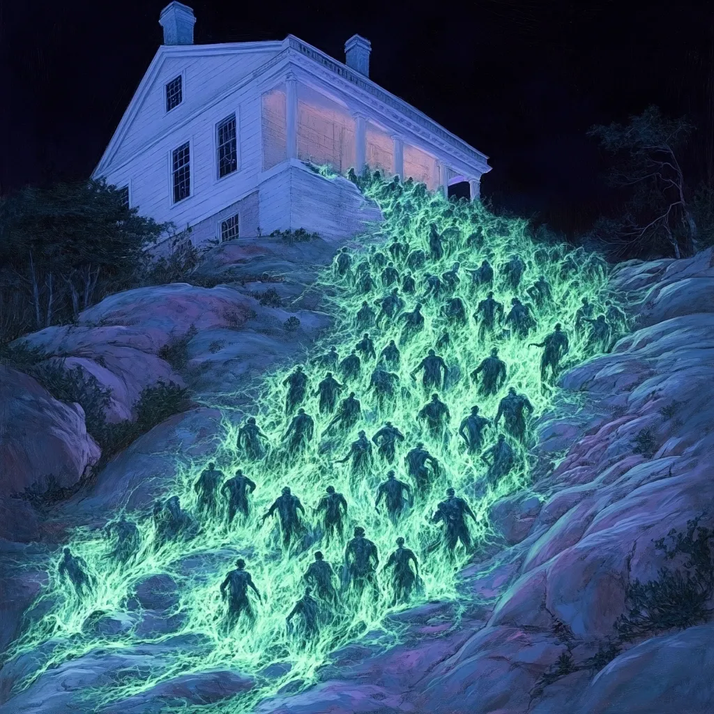 A large, white colonial-style house sits atop a rocky hill at night. From its porch, a river of glowing, green, humanoid figures flows down the hill, cascading towards the viewer.  The figures appear ethereal, their forms indistinct yet numerous, creating a surreal and slightly unsettling scene. The dark night sky and rocky landscape emphasize the otherworldly nature of the flowing figures.