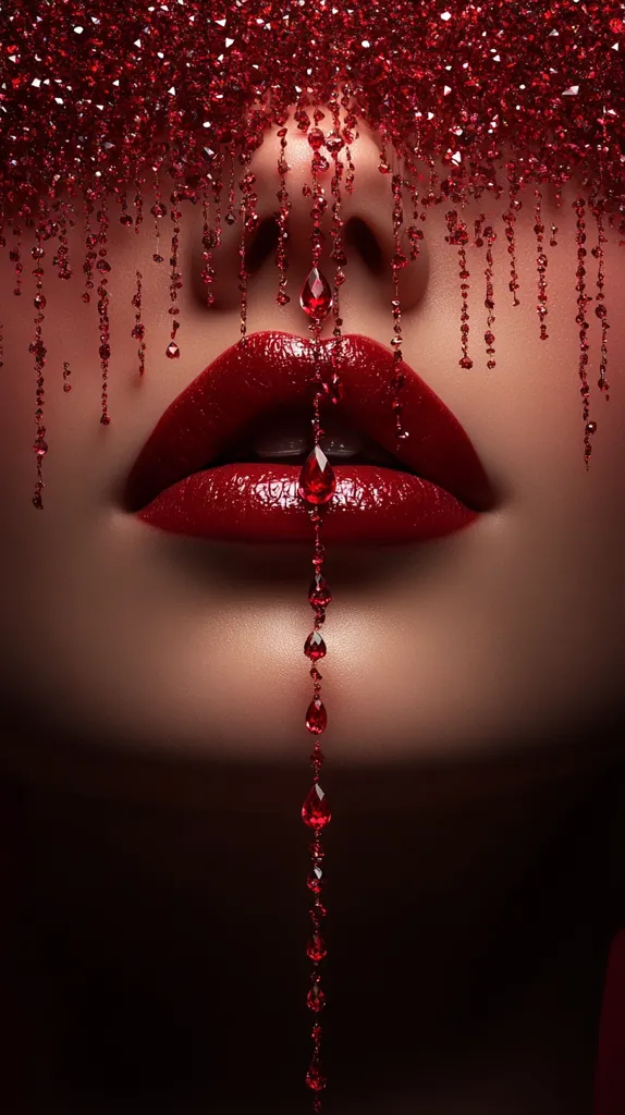 A close-up shot reveals a woman's face, partially obscured by a cascade of red crystals. The crystals drape from above, resembling a crimson curtain, and extend downwards, forming a continuous stream that ends just below her luscious, red lips.  The image is dramatic and luxurious, with a focus on rich textures and vibrant color.