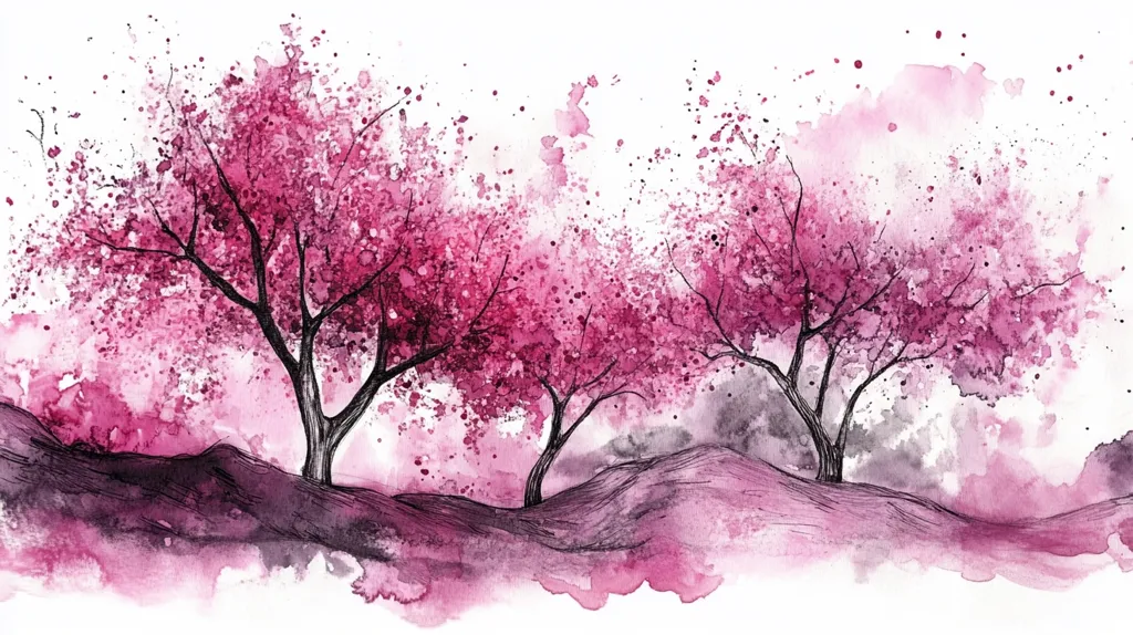 A watercolor painting depicts three stylized trees in blossom, their branches laden with pink flowers against a white background. The trees stand on gently sloping hills rendered in shades of grey and pink, mirroring the blossoms' hues.  Loose brushstrokes and splatters create a dreamy, ethereal atmosphere. The artwork blends delicate linework with expressive watercolor washes.