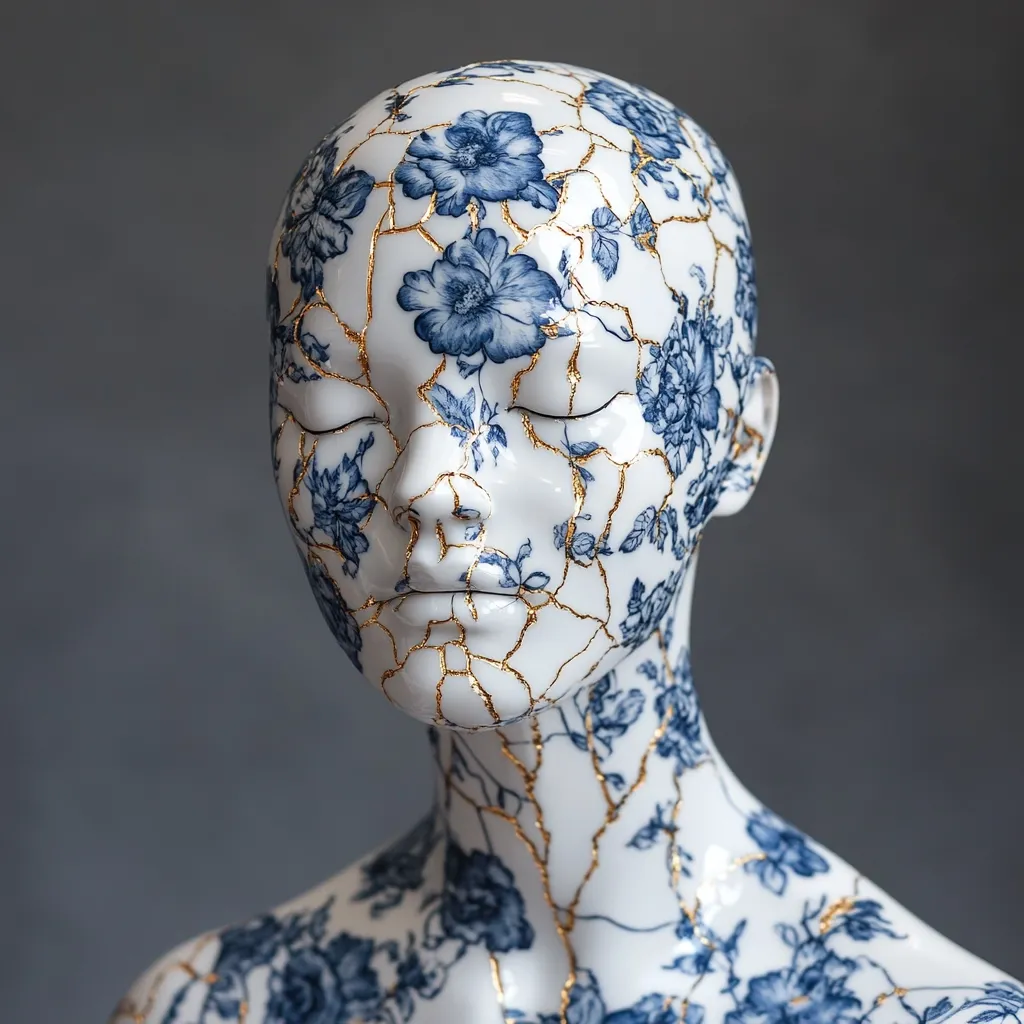 A porcelain sculpture of a woman's head and torso is adorned with a blue and white floral pattern, reminiscent of Delftware.  The surface is intricately cracked, with gold accents filling the fissures, creating a delicate and visually striking contrast between fragility and beauty. The woman's eyes are closed, conveying a sense of serenity or perhaps introspection.  The piece is a sophisticated blend of traditional artistry and contemporary design.