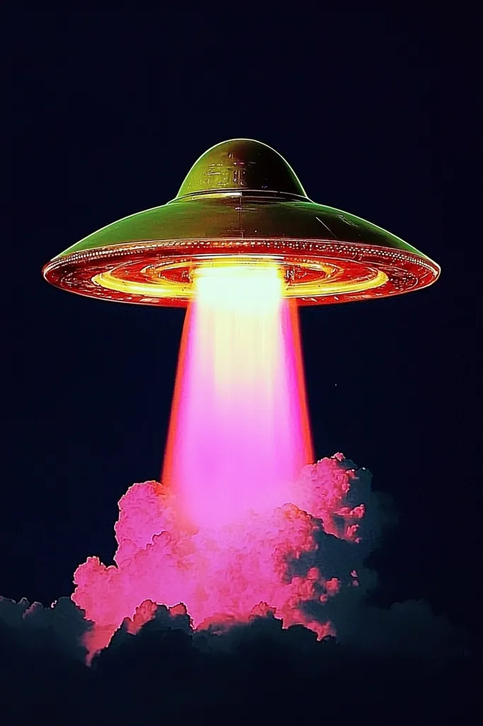 A vibrant, stylized image depicts a flying saucer emitting a bright pink beam of light that illuminates a cloud below. The UFO is rendered in greenish-gold tones, while the beam transitions from yellow to bright pink, contrasting with the dark background. The overall effect is surreal and reminiscent of retro sci-fi aesthetics. The scene suggests an otherworldly arrival or departure, full of dynamism and visual interest.