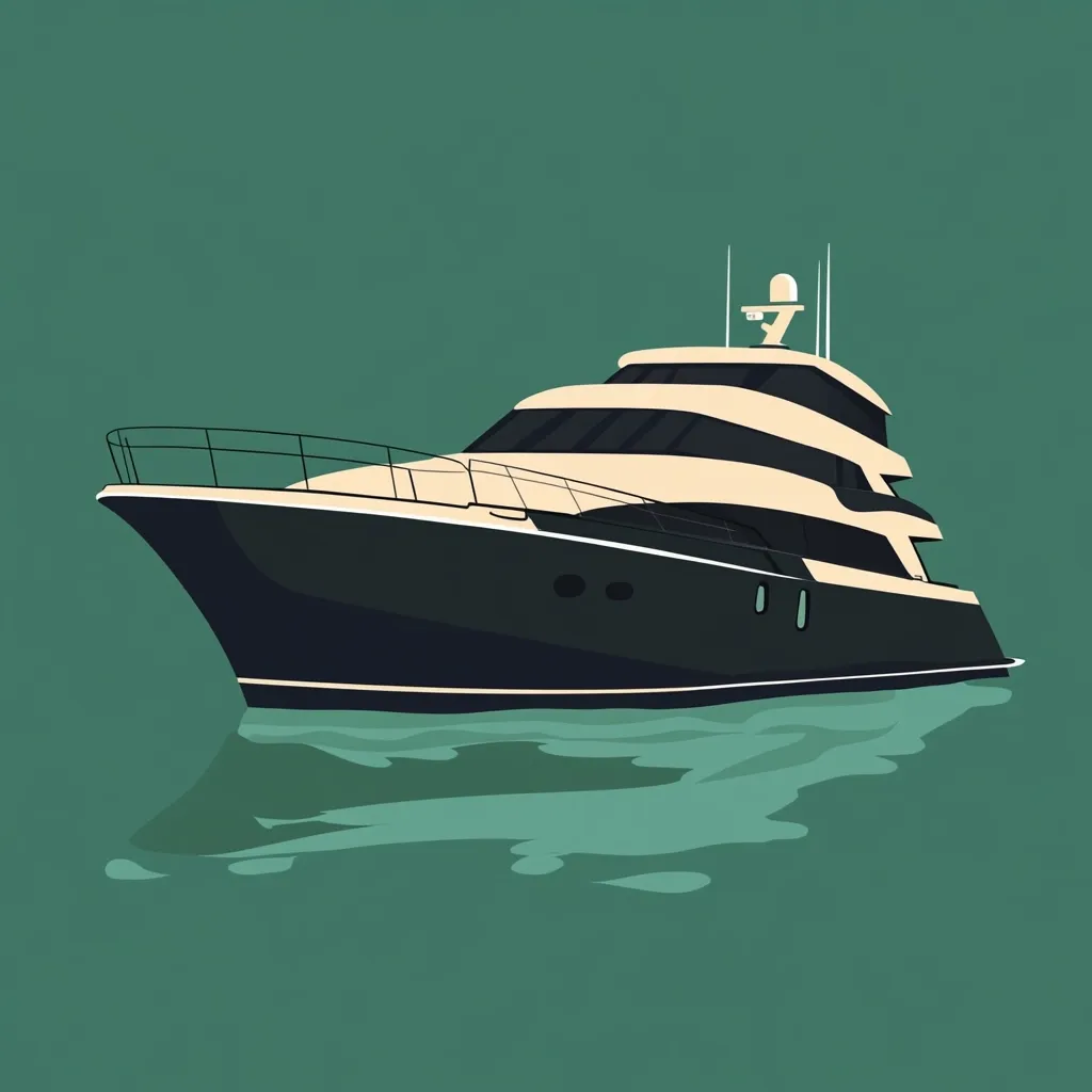 A sleek, dark-colored motor yacht floats serenely on calm, teal water.  Its cream-colored upper deck contrasts with the dark hull. The yacht features multiple levels, suggesting spacious interiors.  A satellite dish sits atop the vessel, indicating modern amenities. The overall design is clean and elegant, showcasing luxury and sophistication.