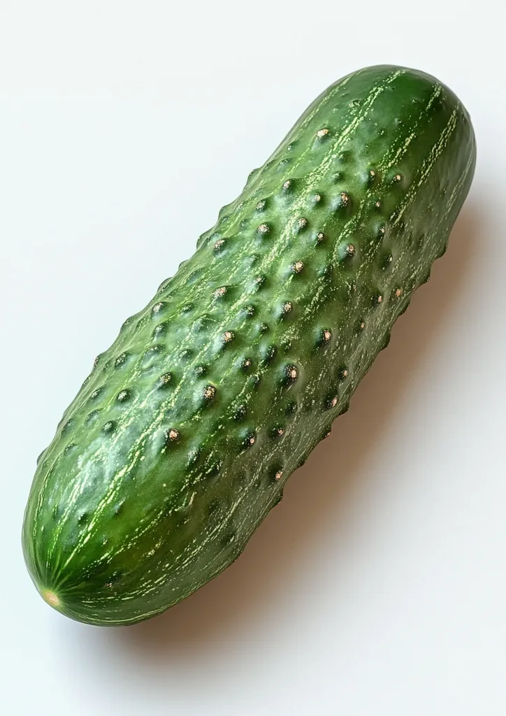 A single, vibrant green cucumber is presented against a stark white background.  Its oblong shape is clearly visible, along with its bumpy texture and dark green skin. The cucumber appears fresh and firm, suggesting readiness for consumption or culinary use. The lighting highlights the cucumber's natural color and details.