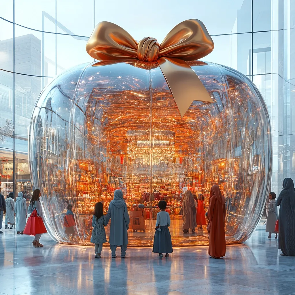 A giant, transparent orb, adorned with a large gold bow, sits in a modern shopping mall.  Inside, a warmly lit shop is visible.  Several people, some in traditional clothing, stand around the structure, observing the interior. The reflective surface of the orb creates interesting visual distortions of the surrounding architecture and people. The scene evokes a festive and luxurious atmosphere.