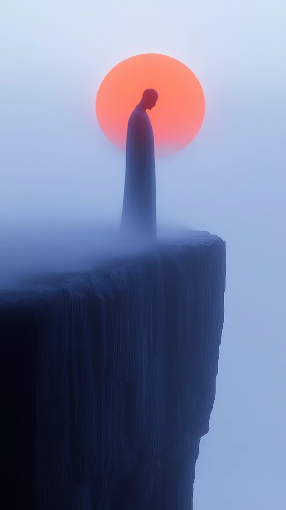 A solitary figure, cloaked and bowed, stands on the precipice of a cliff, shrouded in mist.  Behind them, a large, vibrant orange sun dominates the pale sky. The scene evokes a sense of solitude, contemplation, and perhaps impending action or a profound emotional state. The color palette is muted, emphasizing the figure's isolation against the dramatic backdrop.