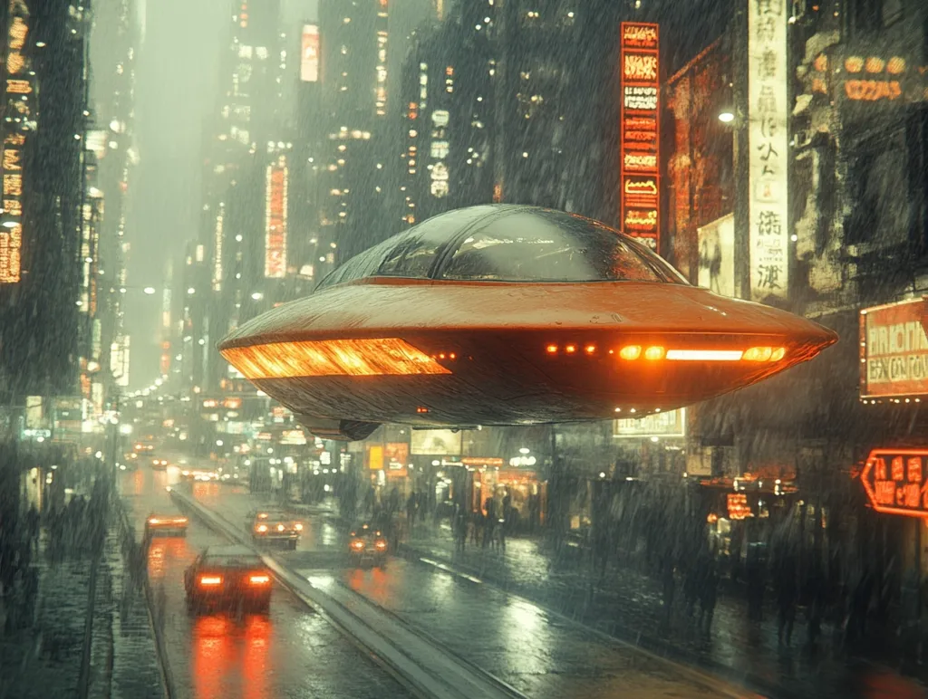 A retro-futuristic flying saucer hovers above a rain-slicked city street at night.  Neon signs illuminate the densely packed buildings, creating a vibrant, yet melancholic atmosphere.  Cars drive below, their lights reflecting on the wet pavement.  The scene is evocative of classic science fiction, depicting a blend of advanced technology and urban density.  The overall mood is atmospheric and slightly surreal.