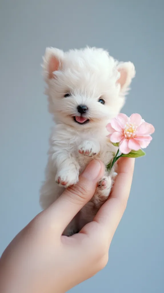 A tiny, fluffy white puppy, possibly a West Highland White Terrier, is gently cradled in a hand.  The puppy has a happy expression and its paws are visible. A delicate pink flower is held alongside the puppy, adding to the adorable image. The background is a soft, muted blue.