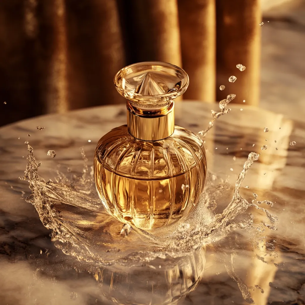 A luxurious amber-colored perfume bottle sits on a marble surface, surrounded by a splash of water. The bottle is ornate, with a gold cap and a ribbed, round body. The scene is bathed in warm, golden light, emphasizing the perfume's opulence and sophistication.  The background features blurred golden curtains, adding to the luxurious atmosphere.