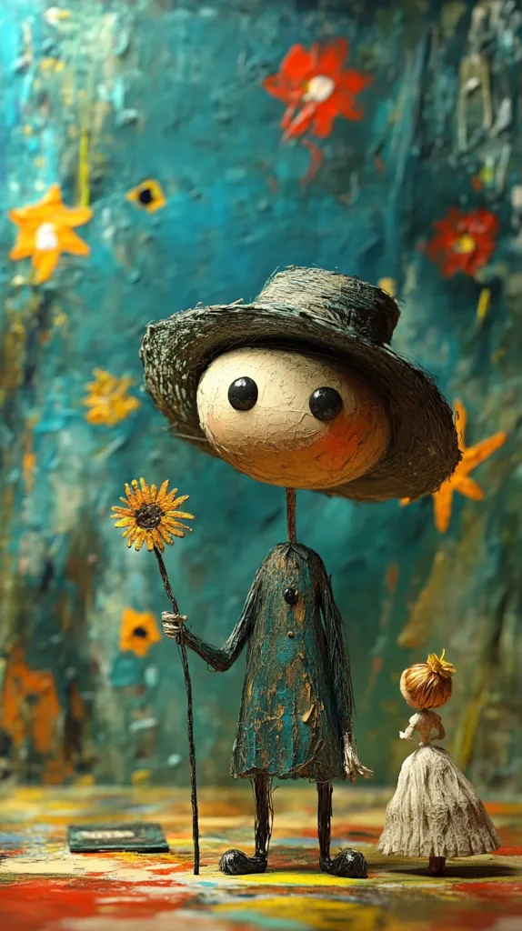 A whimsical, handcrafted figure, resembling a man in a large hat and coat, stands holding a sunflower.  Beside him is a smaller, similarly styled female figure in a white dress.  They are positioned against a vibrant, abstract background reminiscent of an Impressionist painting, filled with swirling colors and stylized flowers. The figures' textures and the painted background create a captivating contrast.