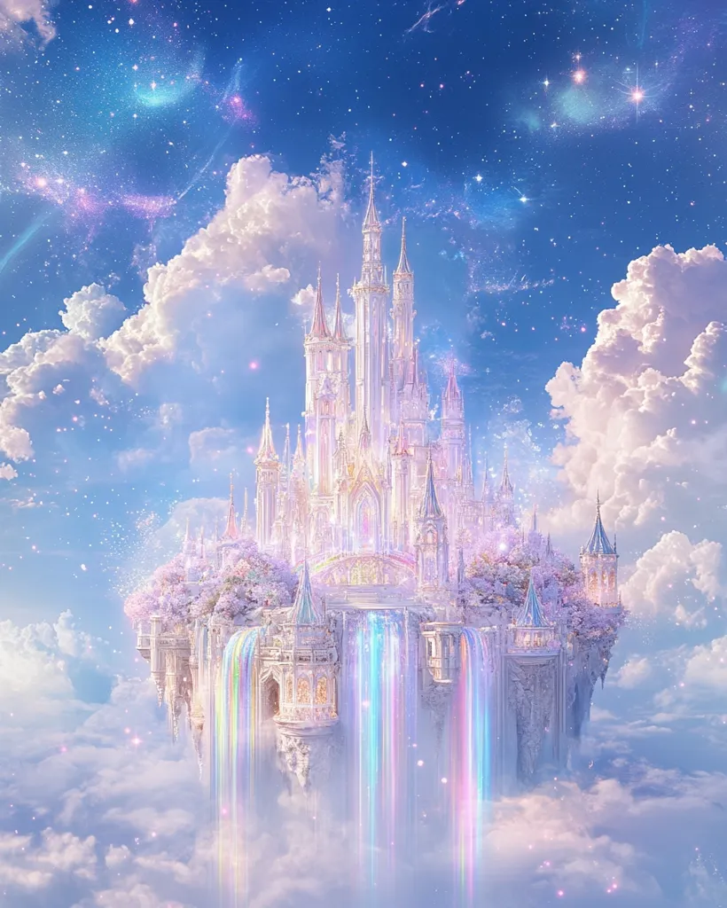 A breathtaking, ethereal castle floats amidst a sea of clouds under a pastel sky.  Rainbow waterfalls cascade from its cliffside base.  The castle, ornate and gleaming white, is adorned with blossoming trees, creating a dreamy, fantastical scene.  Stars twinkle in the vibrant sky, enhancing the magical atmosphere.  It is a vision of pure enchantment.