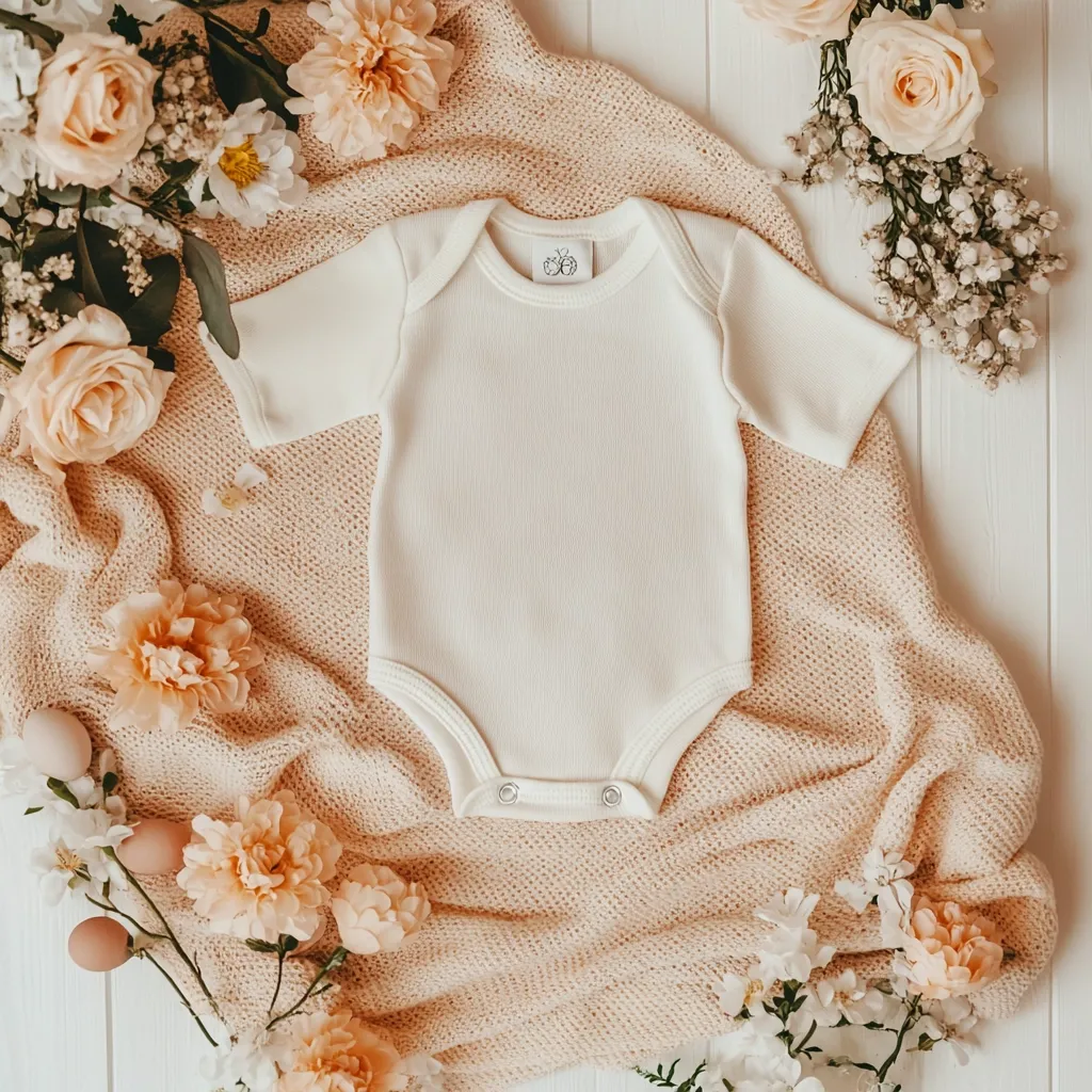 A cream-colored baby onesie lies on a soft, peach-colored knitted blanket.  Surrounding the onesie are delicate peach and white flowers, creating a soft, feminine aesthetic.  A few speckled eggs are subtly placed among the blooms, enhancing the springtime feel of the image. The overall scene is peaceful and evokes a sense of new life and gentle beginnings.