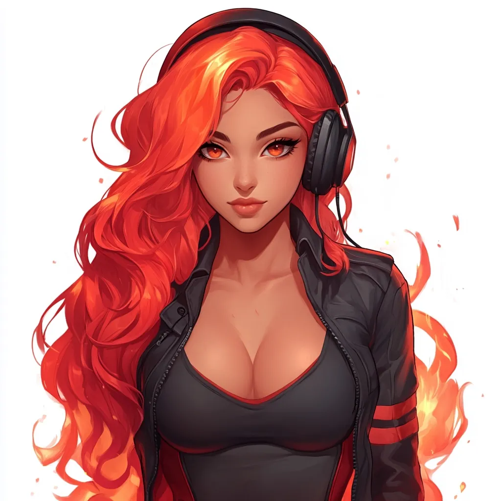 A stylized digital illustration depicts a young woman with vibrant, fiery orange hair cascading down her shoulders.  She wears black headphones and a dark jacket with red accents, revealing a low-cut black top. Her expression is confident and alluring, her amber eyes captivating.  Flames subtly emanate from her hair, adding a dramatic effect to the overall image.