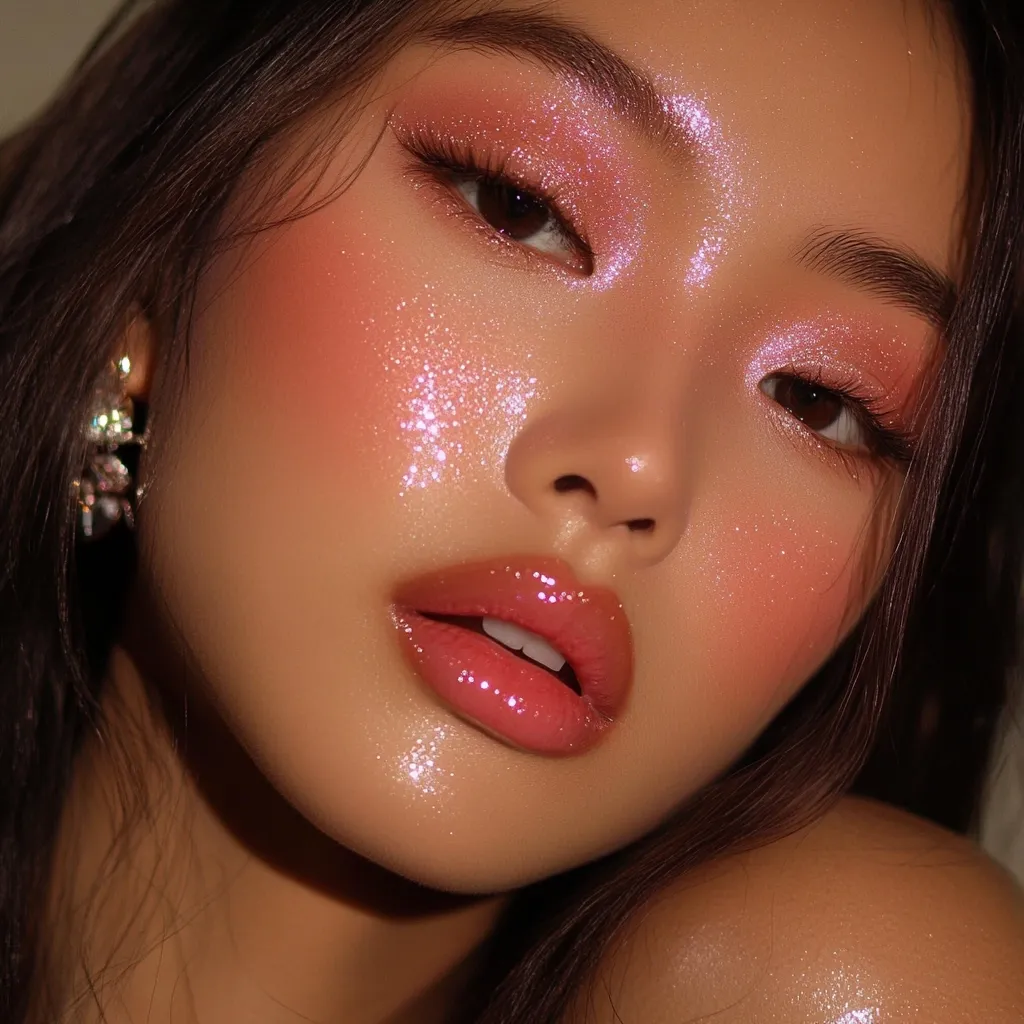 Close-up of a woman's face adorned with a shimmering pink makeup look.  Pink eyeshadow with glitter accents is paired with a glossy pink lip and matching blush, creating a radiant and ethereal aesthetic.  Fine glitter is delicately applied across her cheeks and temples, enhancing the overall luminous effect.  Her dark hair frames her face, complementing the soft, romantic makeup.