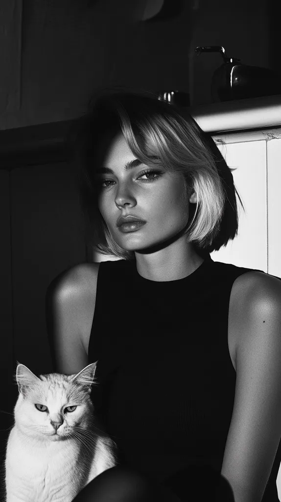 A black and white portrait of a young woman with a bob haircut. She's wearing a black sleeveless top and is sitting with a white cat on her lap.  The lighting is dramatic, highlighting her face and the cat, creating a moody and stylish atmosphere. The overall image is one of quiet contemplation and elegance.