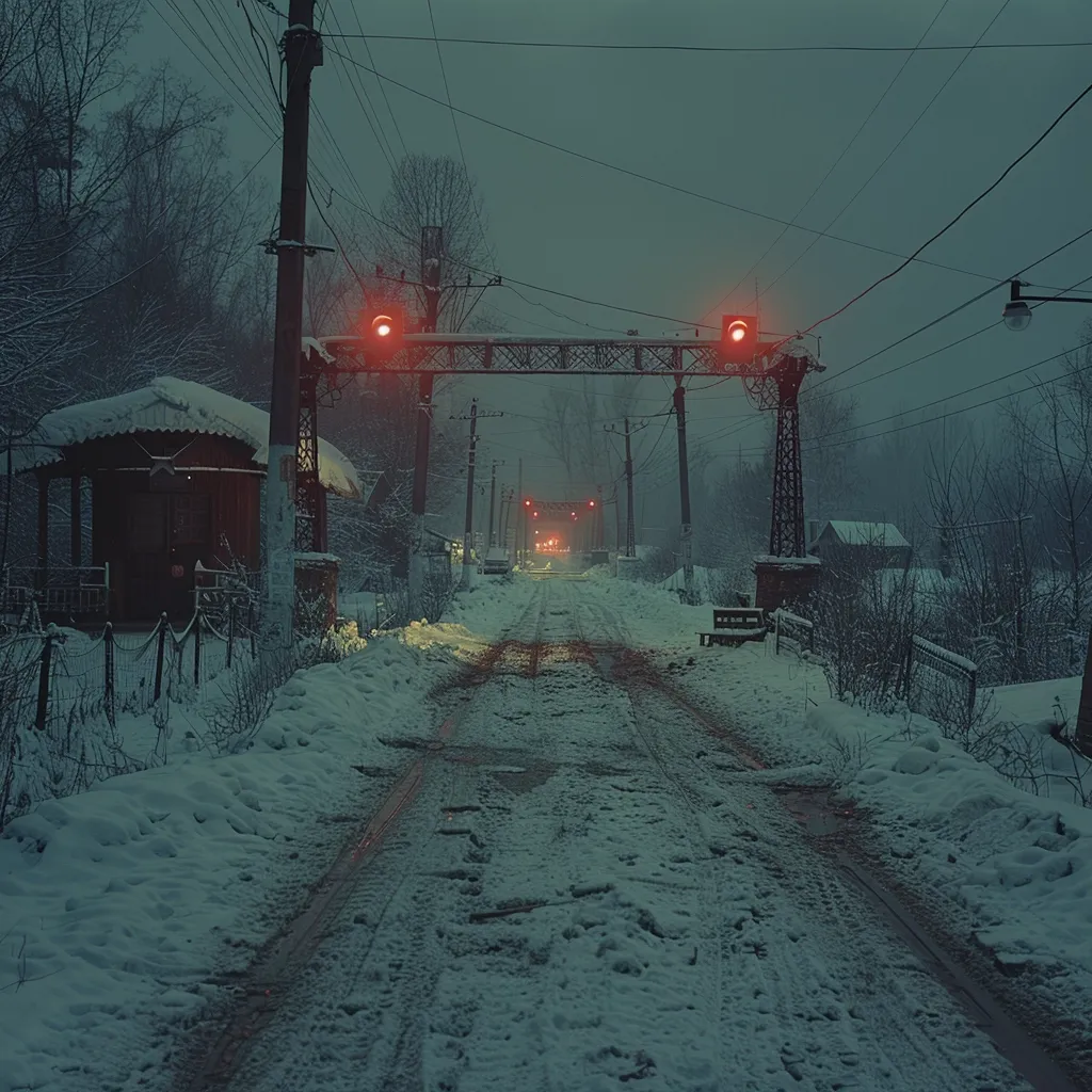 A snow-covered road winds through a desolate winter landscape at night.  Red railway crossing lights glow in the distance, marking a track disappearing into the fog.  A small wooden building sits to the side, adding to the scene's quiet, almost melancholic atmosphere.  Power lines stretch overhead, contributing to the overall feeling of isolation.