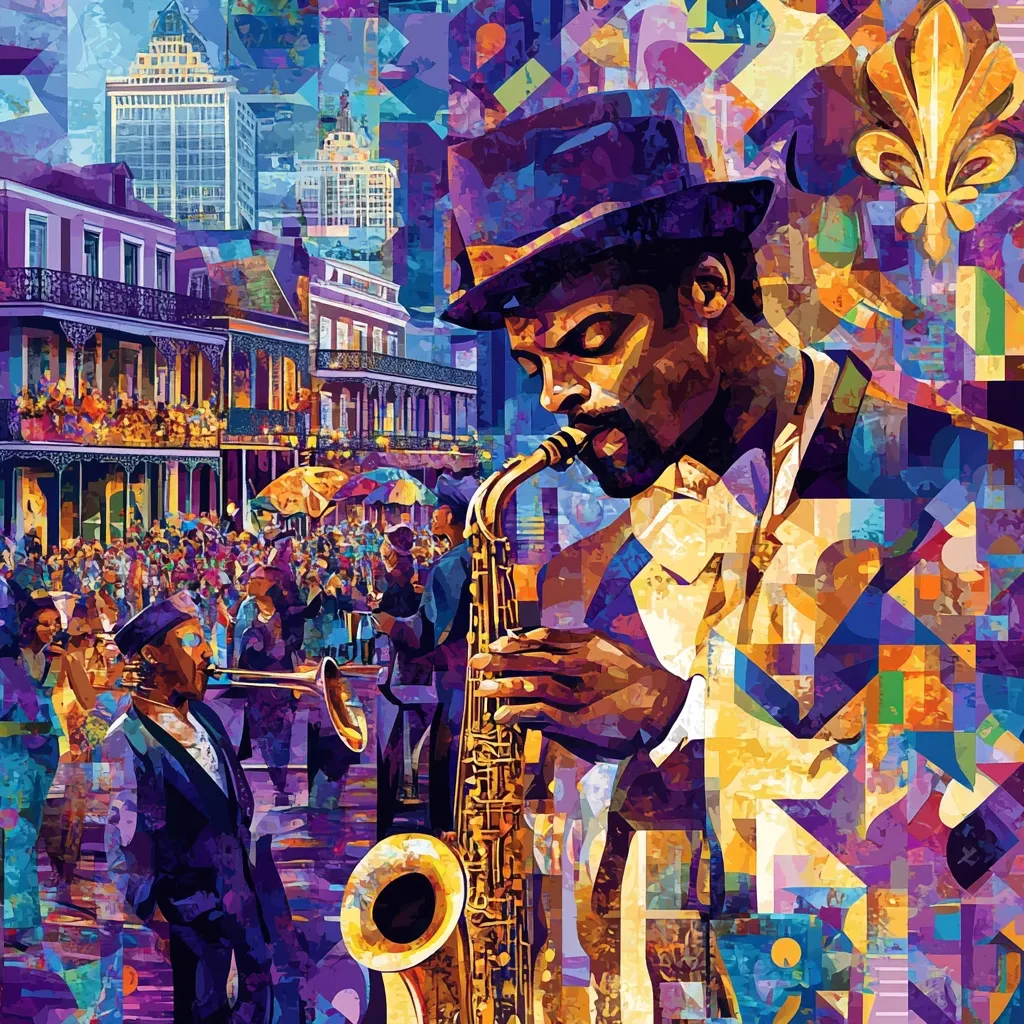 A vibrant, stylized artwork depicts a saxophone player in New Orleans.  The colorful, geometric composition features a bustling Mardi Gras parade in the background, showcasing the city's architecture. The musician, wearing a fedora, is central, his saxophone gleaming amidst the energetic scene.  Bold colors and sharp lines create a dynamic and exciting visual narrative of jazz music and New Orleans culture.