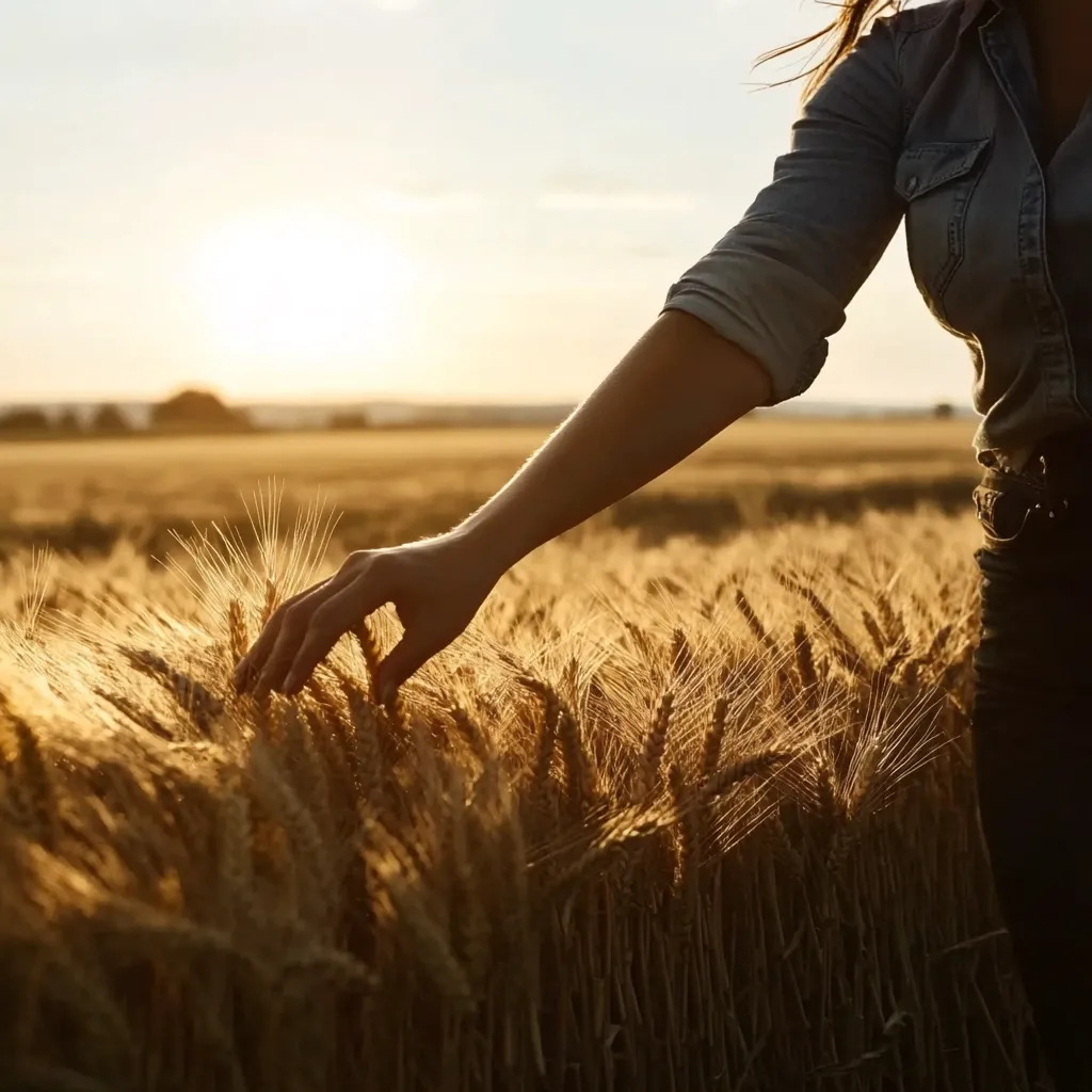 A woman's hand gently touches ripe wheat stalks in a golden field at sunset.  The warm light bathes the scene, creating a serene and idyllic image of rural life and the harvest.  Her denim shirt and the tall, swaying wheat emphasize the connection between nature and humankind.